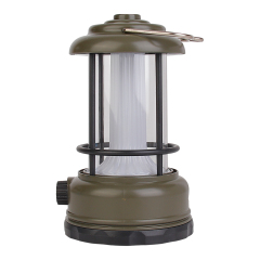 Perspective view of the army green dimmable vintage camping lantern showing the side rotary control knob.