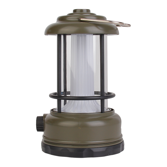 Perspective view of the army green dimmable vintage camping lantern showing the side rotary control knob.