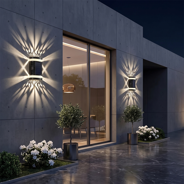 Solar shadow wall lights casting starburst light patterns on a modern concrete wall beside glass sliding doors.