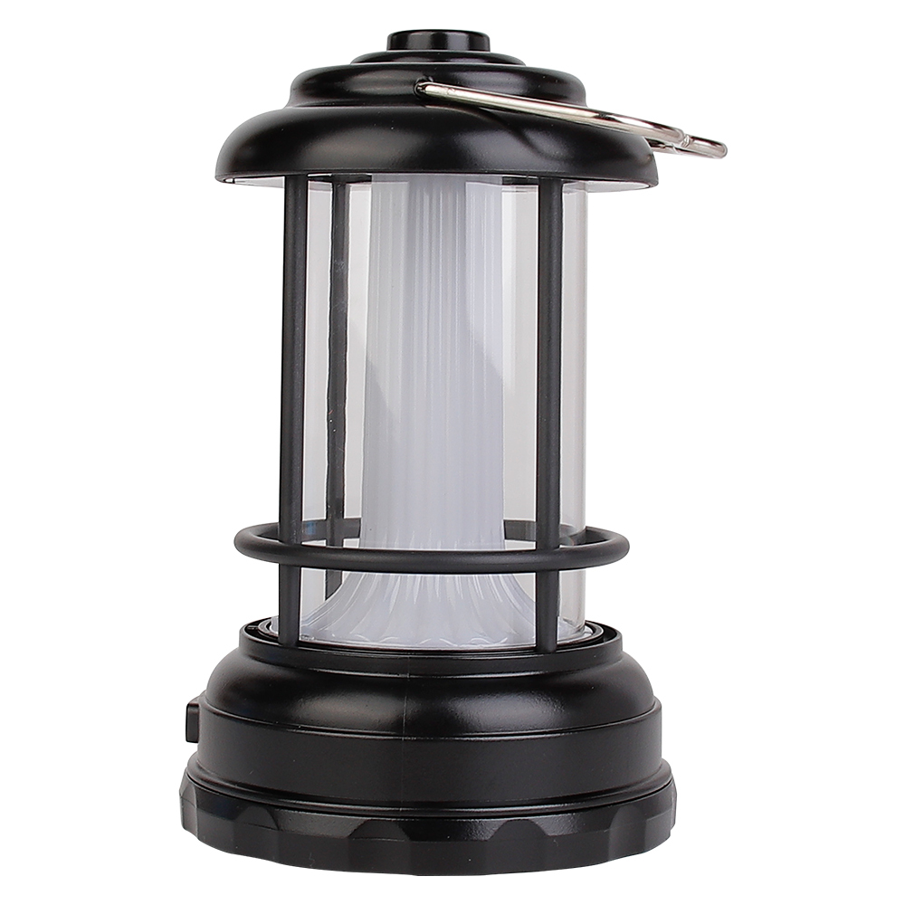 Perspective view of the black vintage camping lantern featuring a push button control and top hanging ring.