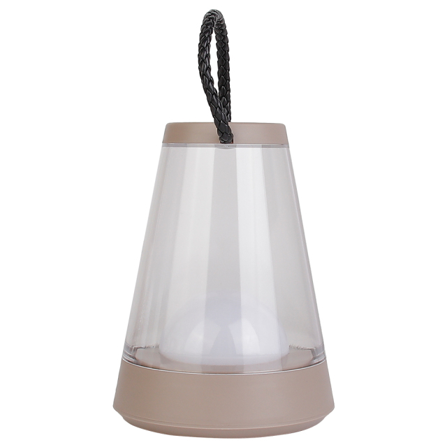 Side view of the brown portable camping table lantern with integrated power button on the base.