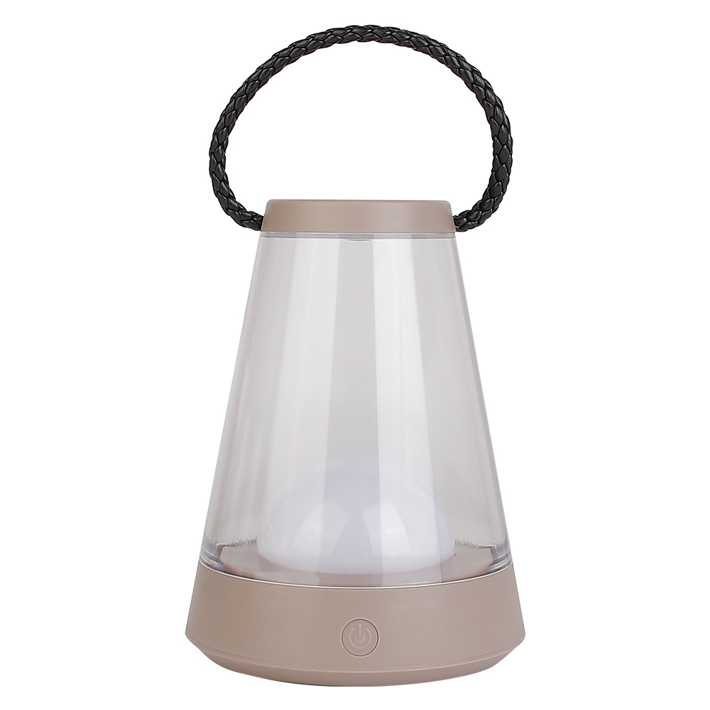 Front view of a portable LED camping lantern featuring a brown base, transparent shade, and top carrying handle.