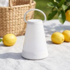 A white portable outdoor table lantern set on a picnic cloth with lemons and a wicker basket.