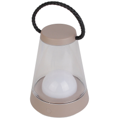 Top-angle perspective view of the brown portable outdoor table lantern with handle.