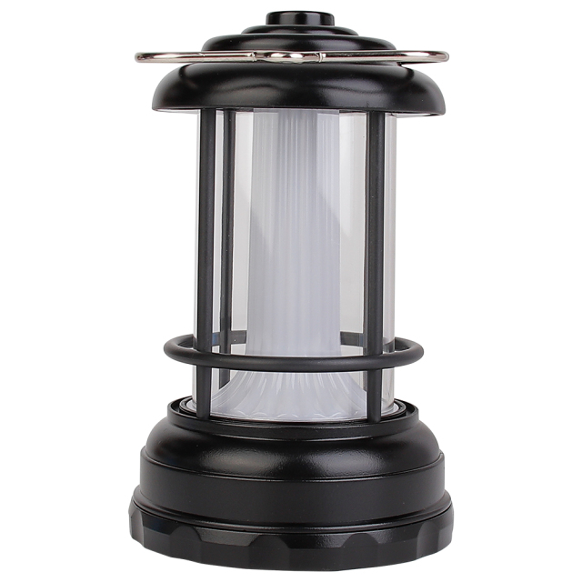 Full front view of the black portable vintage outdoor lantern with front button and hanging hook.