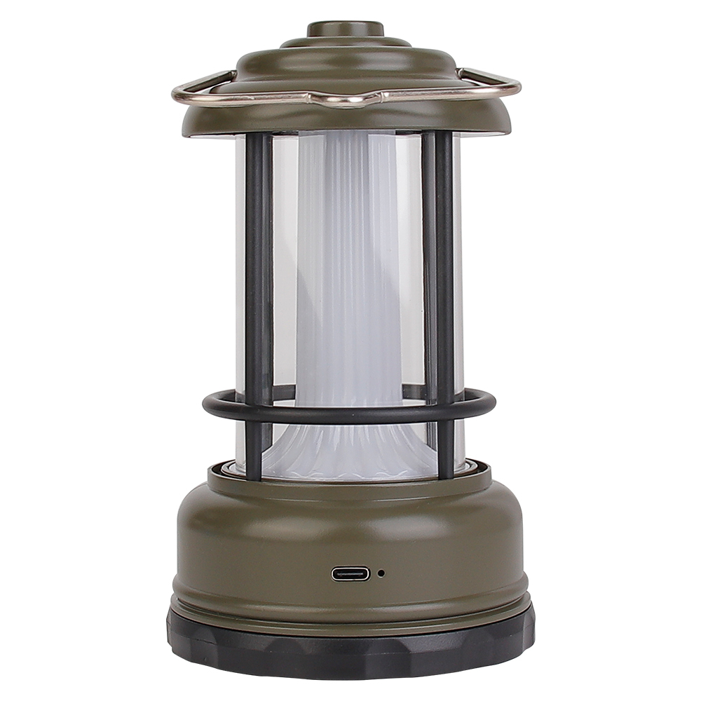 Back view of the army green rechargeable camping lantern showing the USB charging interface.