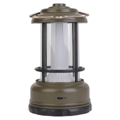 Back view of the army green rechargeable camping lantern showing the USB charging interface.