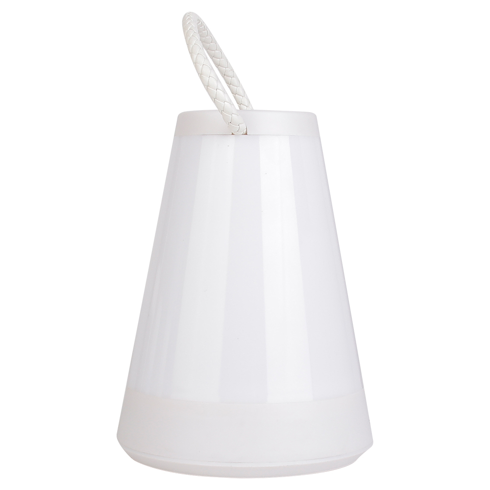 Perspective view of the white rechargeable outdoor table lantern with white rope handle.