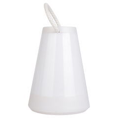Perspective view of the white rechargeable outdoor table lantern with white rope handle.