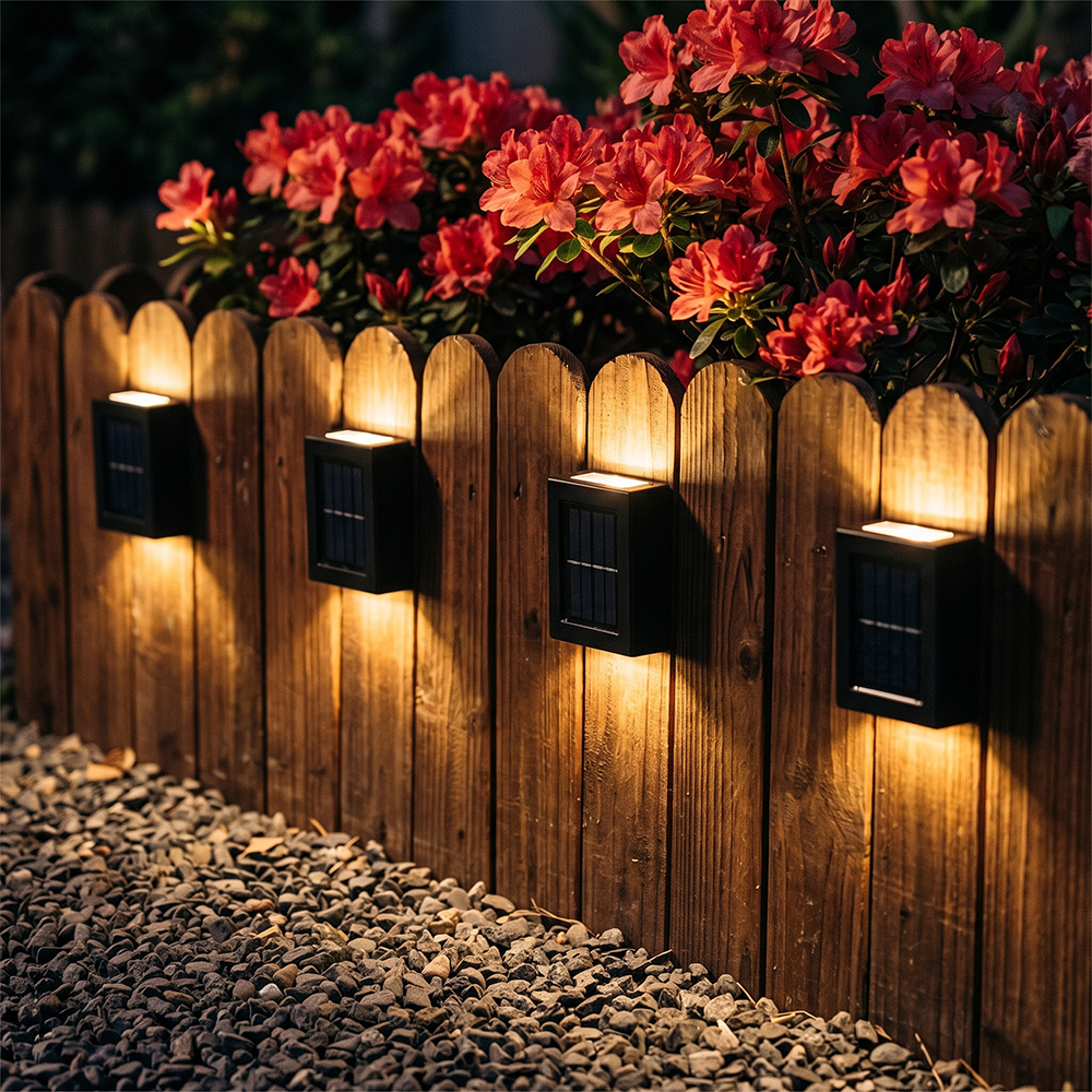 A row of solar deck lights providing warm up and down lighting along a low wooden fence with flowers.