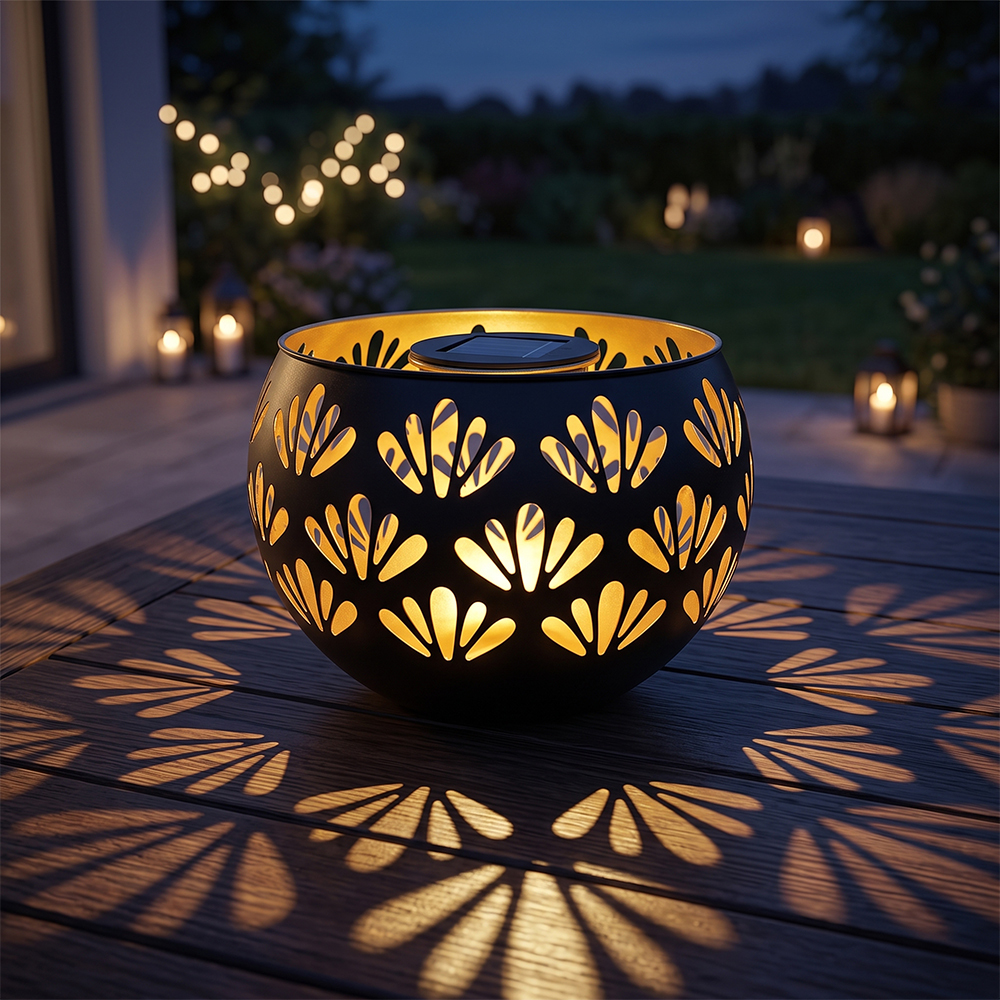 A black solar garden light placed on a wooden patio table casting warm pattern light on the tabletop.