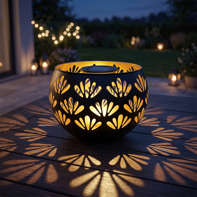 A black solar garden light placed on a wooden patio table casting warm pattern light on the tabletop.