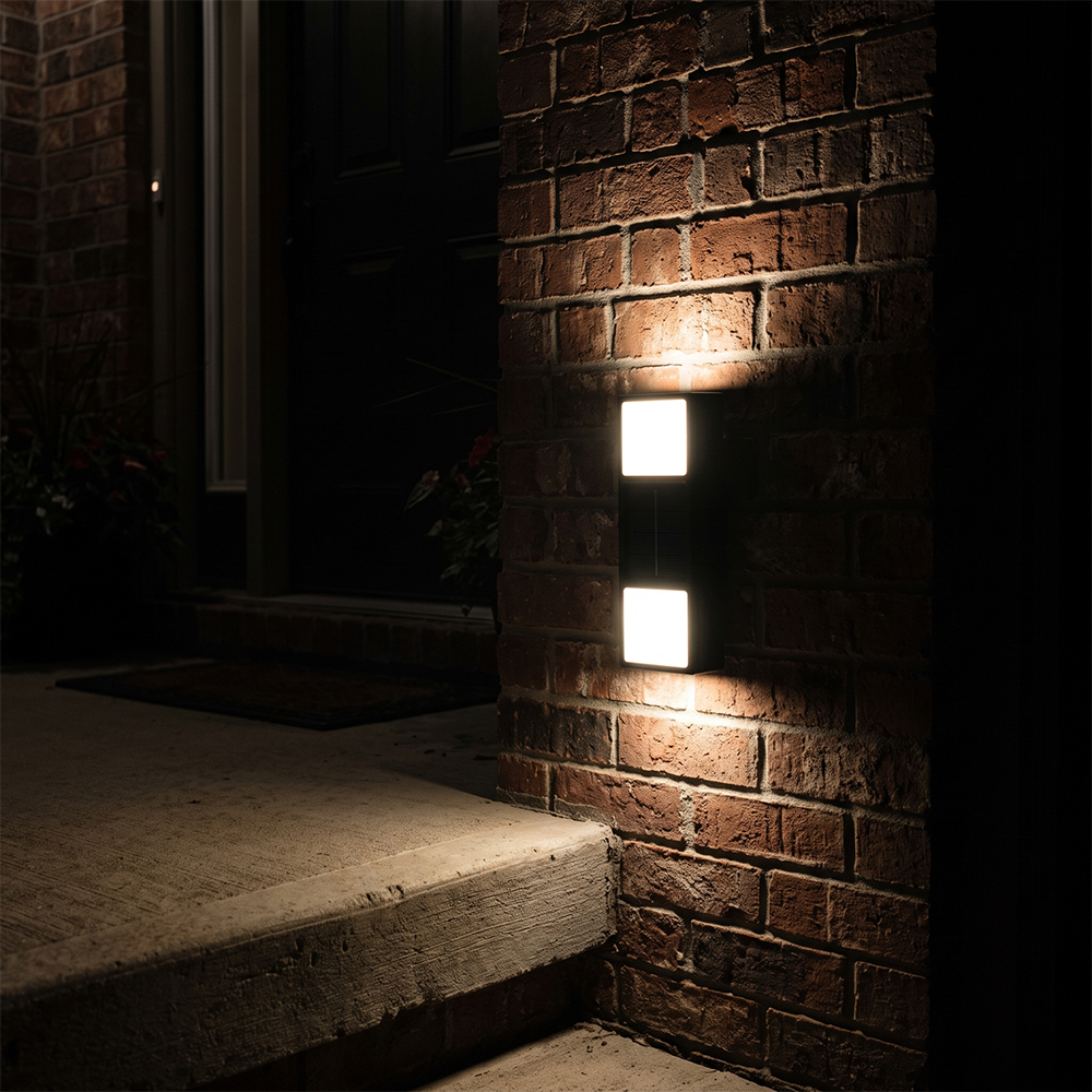 A solar up and down wall light illuminated on a red brick house entrance wall beside outdoor steps.