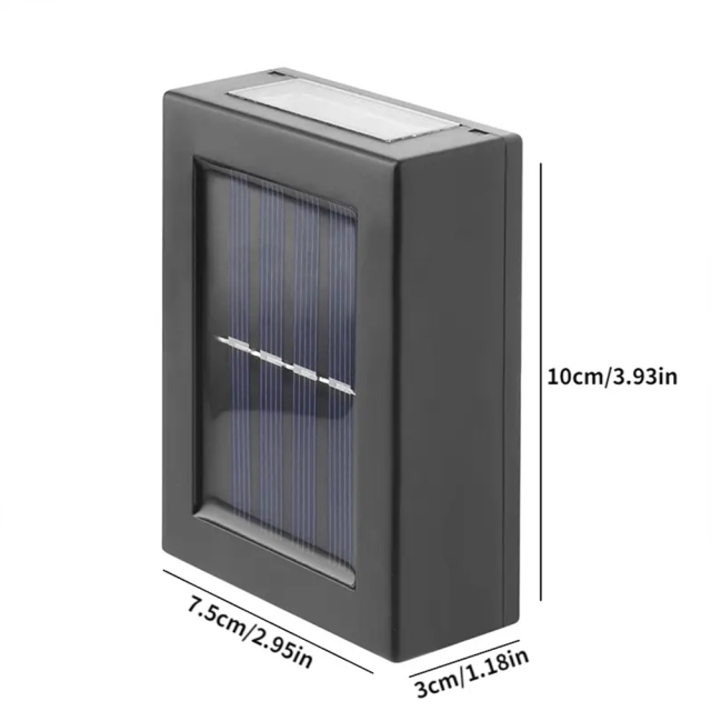 Product dimensional drawing of the compact solar up and down wall light, showing height and width in inches.