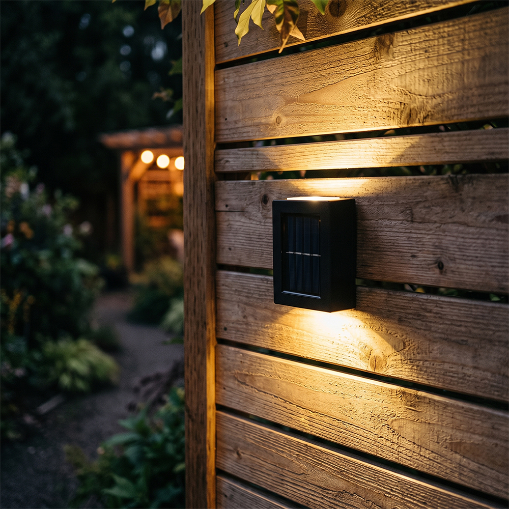 A solar up and down wall sconce mounted on a tall wooden fence, providing warm light in a garden setting.