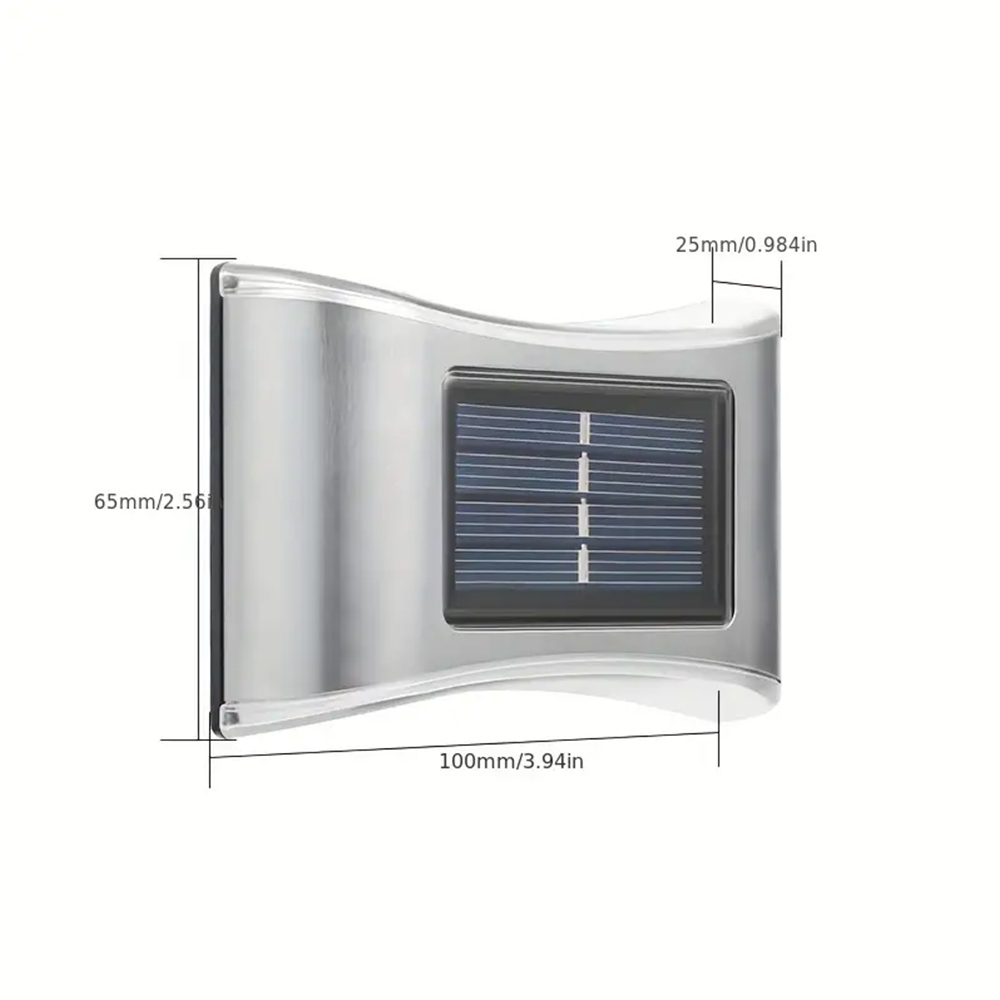 Front view of the curved stainless steel solar up and down wall light with dimensional measurements.