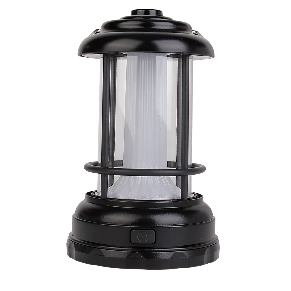 Front view of a classic black vintage LED camping lantern with a front push button switch.