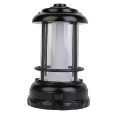 Front view of a classic black vintage LED camping lantern with a front push button switch.