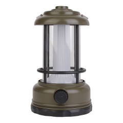 Front view of an army green vintage rechargeable LED camping lantern with a push button switch.