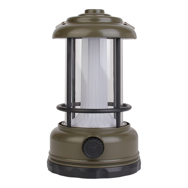 Front view of an army green vintage rechargeable LED camping lantern with a push button switch.