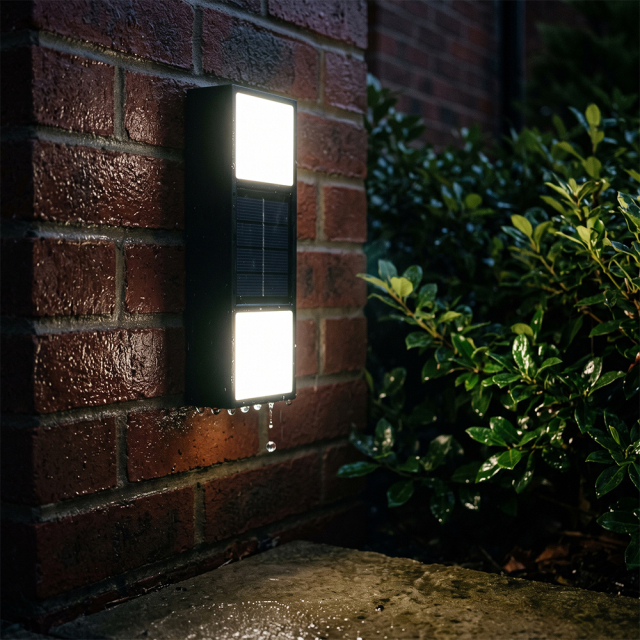 Close-up of a waterproof solar up and down wall light illuminated on a wet brick wall with water droplets.