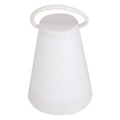 Top-angle view of the white patio table light showing the conical frosted shade and carrying strap.