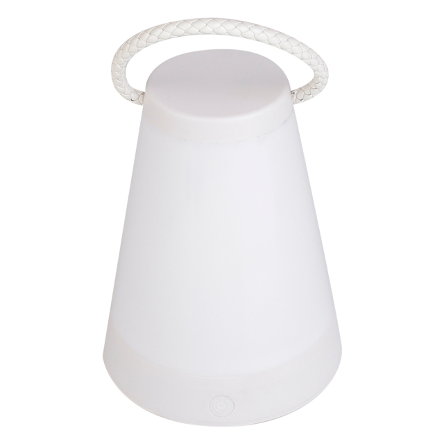 Top-angle view of the white patio table light showing the conical frosted shade and carrying strap.