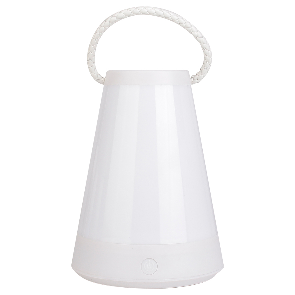 Front view of a white portable LED camping lantern with a frosted white diffuser and matching white handle.