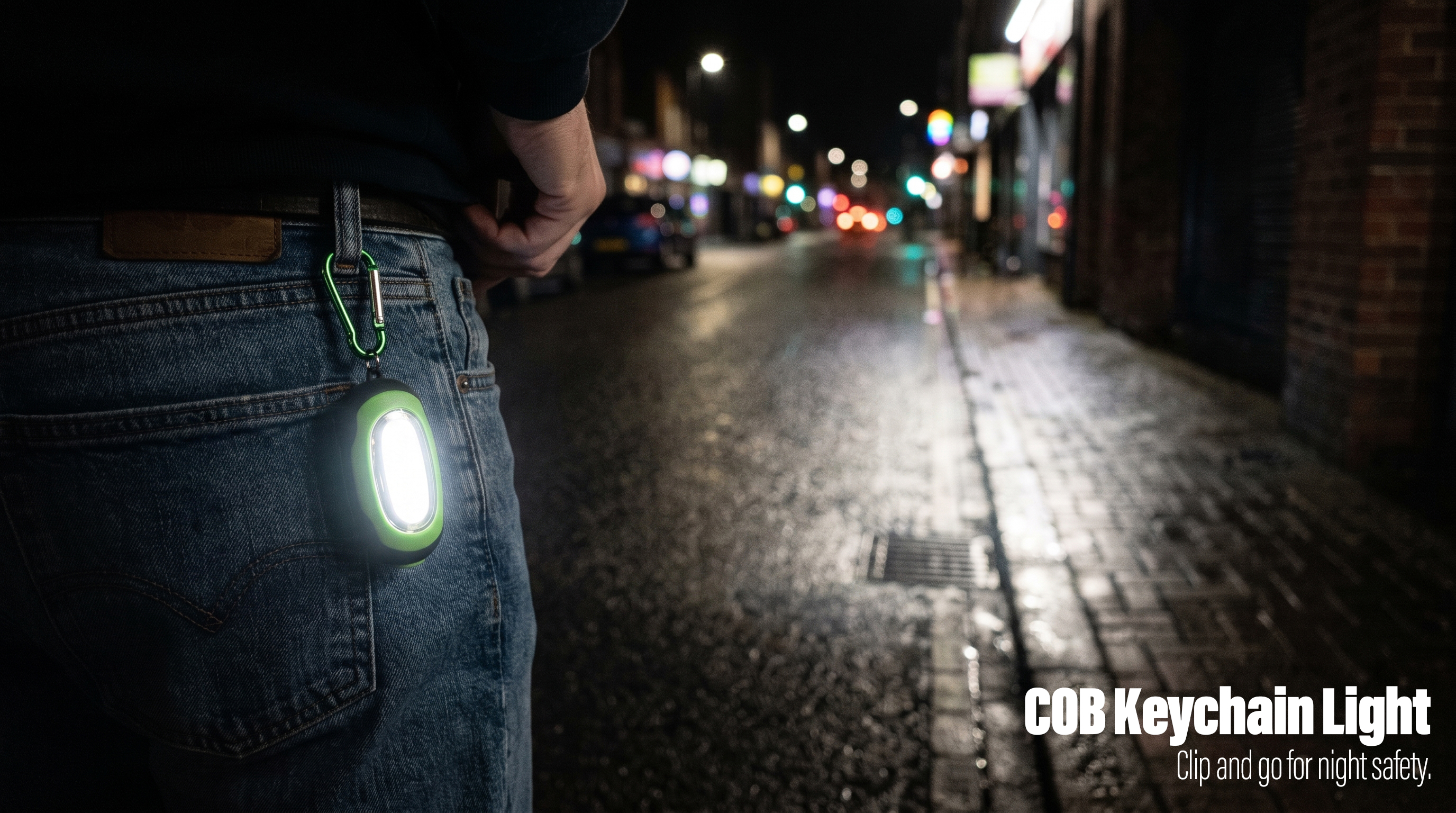 A green COB keychain light clipped to a belt loop illuminating a street at night.