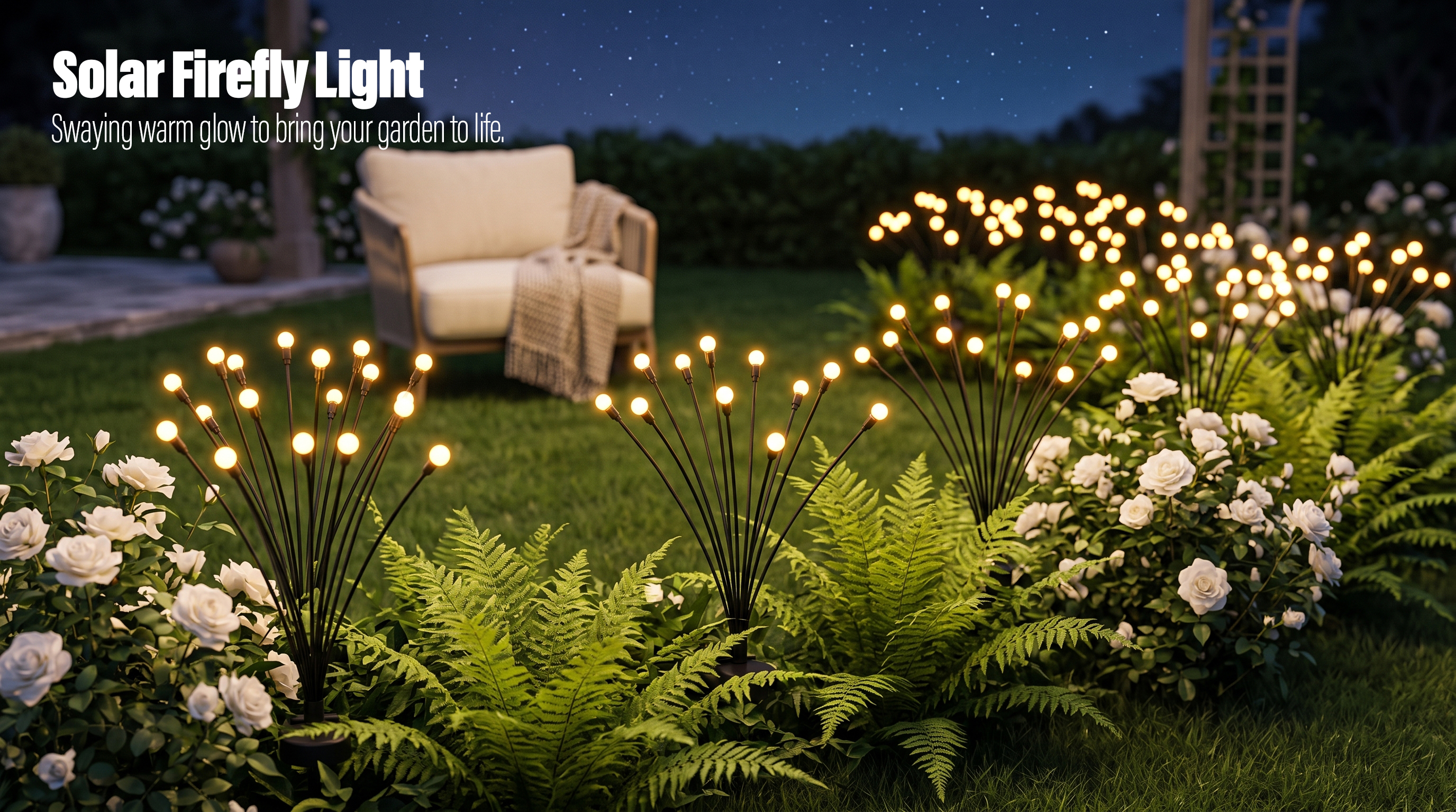 Solar firefly lights glowing warmly among white roses and green ferns on a backyard lawn at night.
