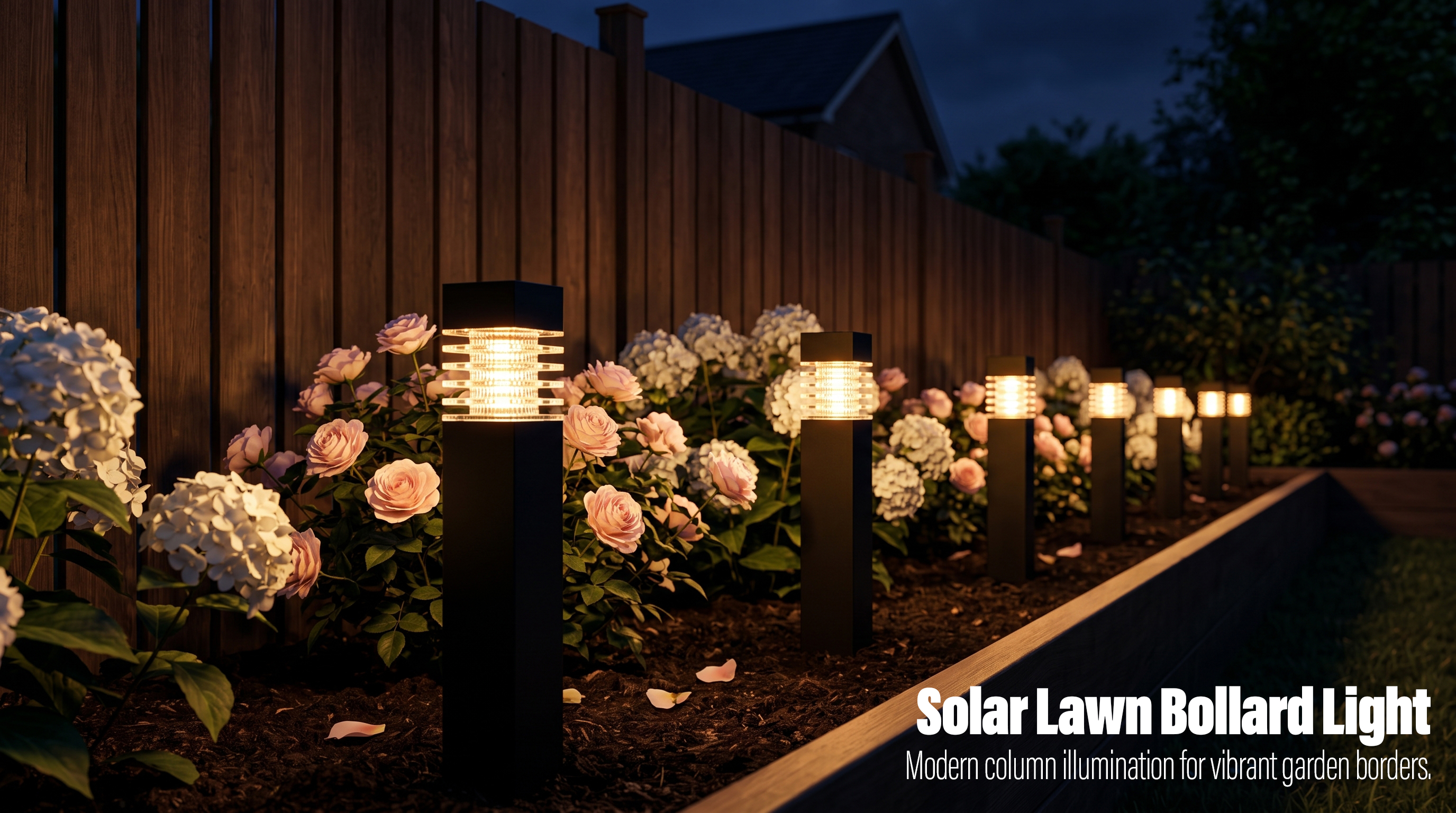 Modern black solar lawn bollard lights glowing warmly along a wooden fence and rose flowerbed at night.