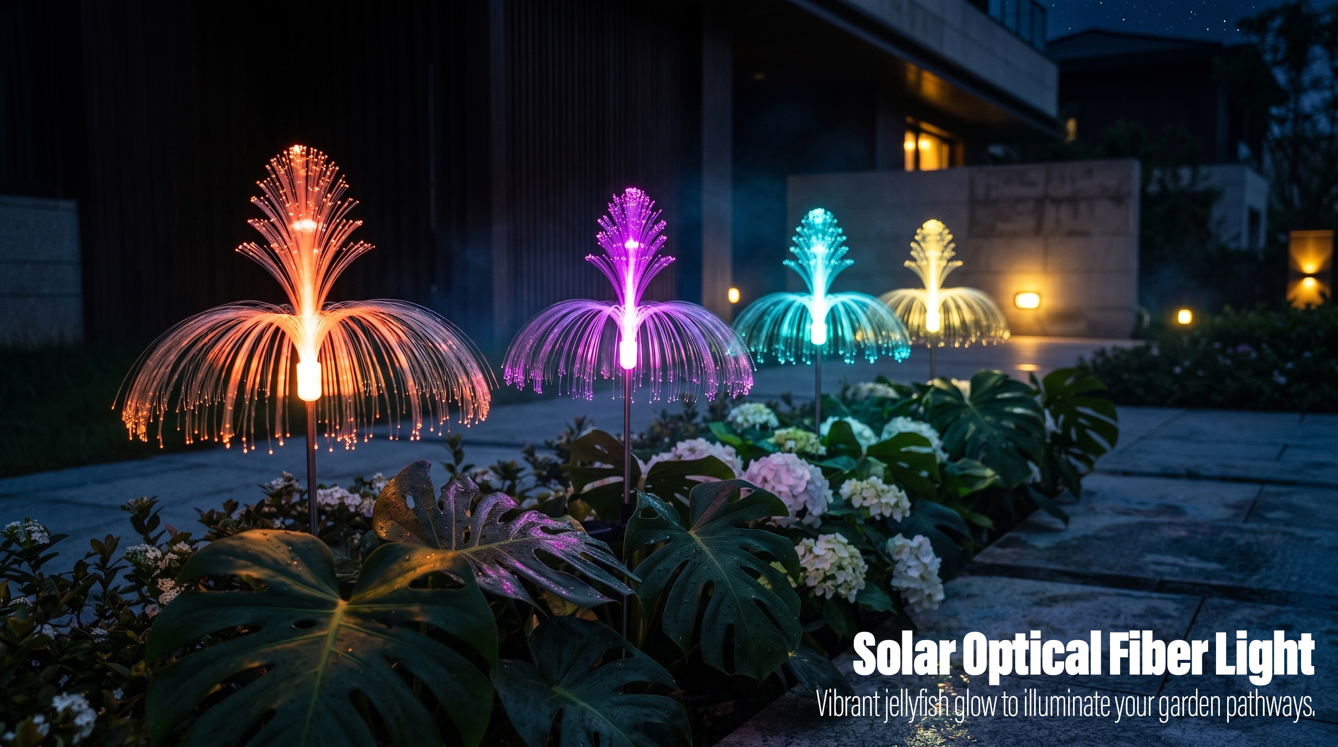 Colorful solar optical fiber jellyfish lights glowing brightly in a garden flowerbed beside a stone pathway at night.