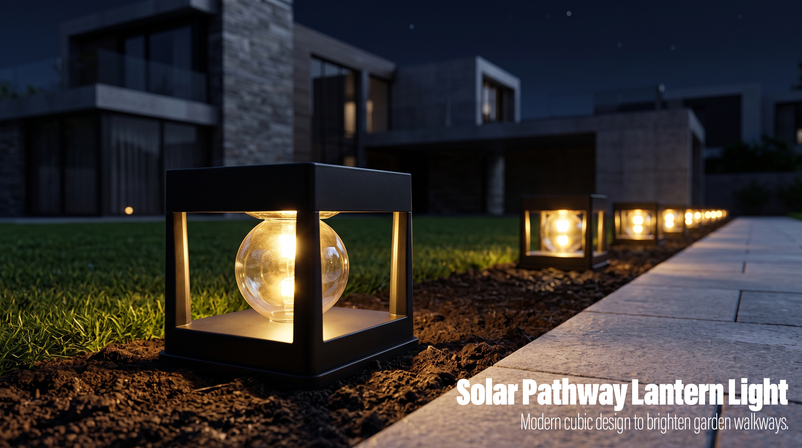 Modern cubic solar pathway lantern lights glowing warmly along a stone walkway outside a house at night.