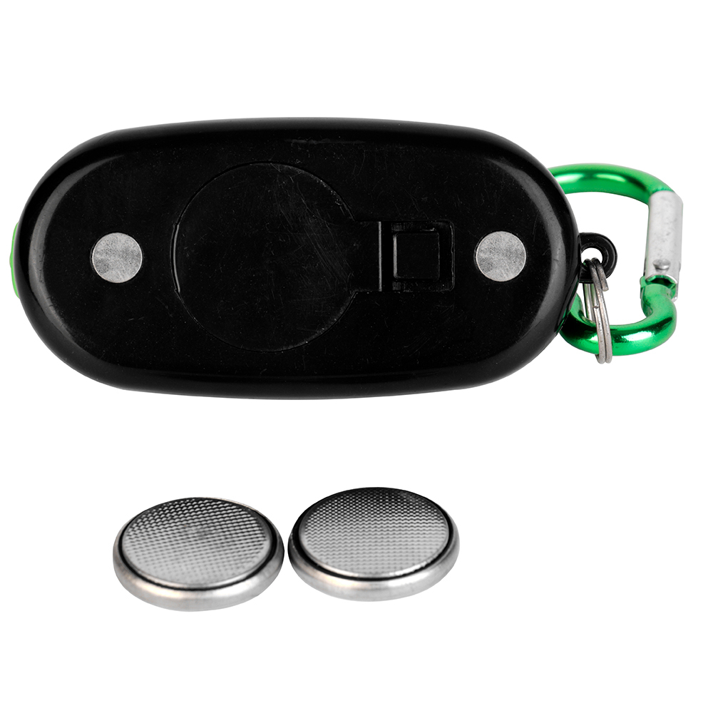 Back of a COB keychain light with its battery cover open next to two CR2032 button batteries.