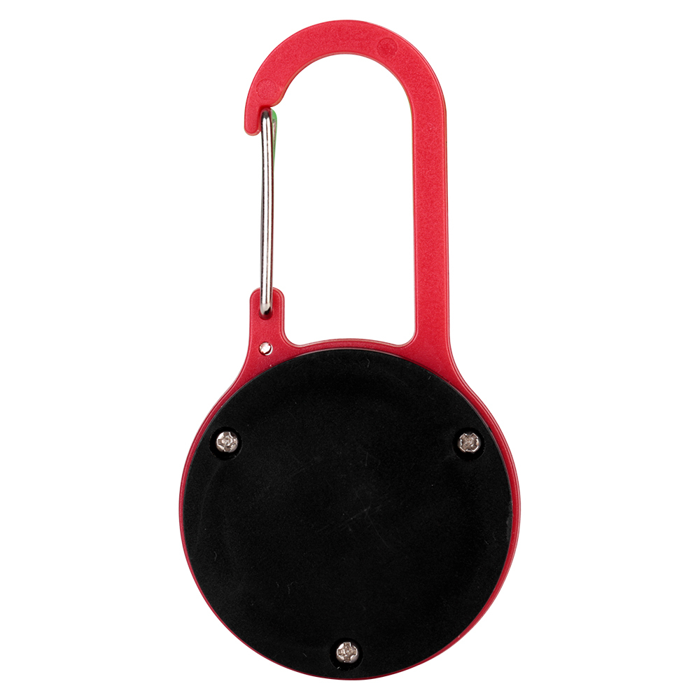 Back view of a mini COB LED keychain light showing its battery compartment cover and screws.