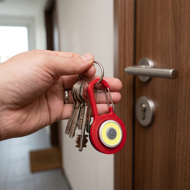 A hand holding a red COB LED keychain light attached to house keys near a door lock.