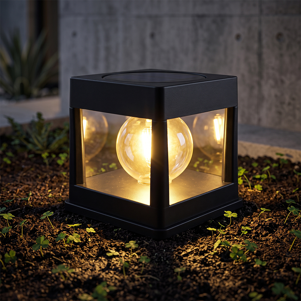 Close-up of a black cubic solar pathway lantern light with a glowing inner globe on dark garden soil.