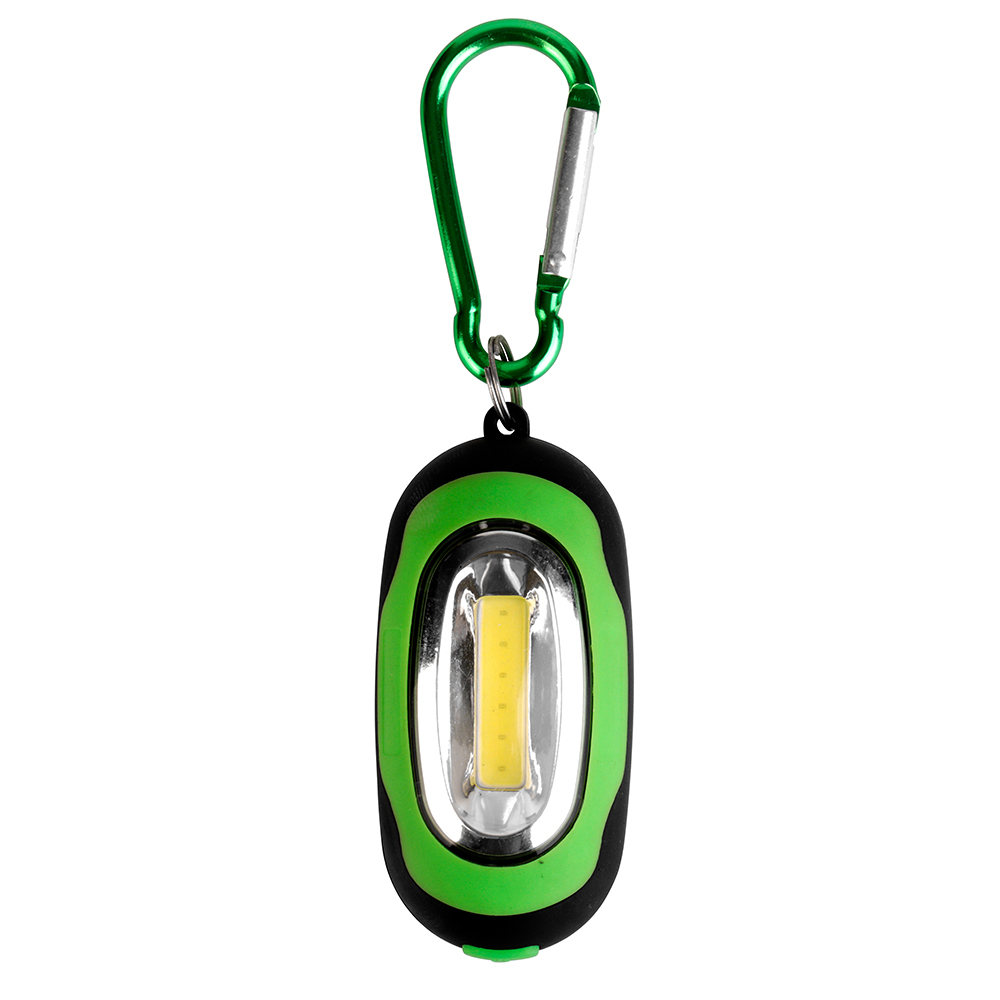 Front view of a green oval COB LED keychain light with a metal carabiner clip.