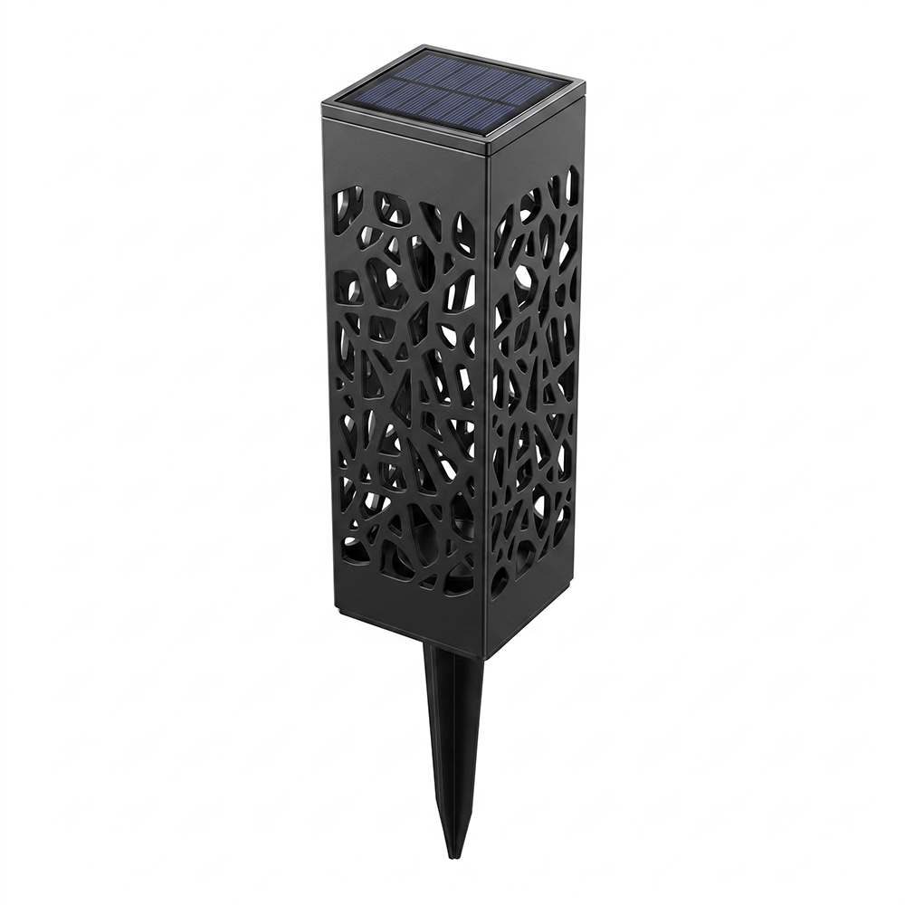 Product view of a black square hollowed-out solar pathway light with solar panel and ground stake.