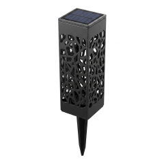 Product view of a black square hollowed-out solar pathway light with solar panel and ground stake.