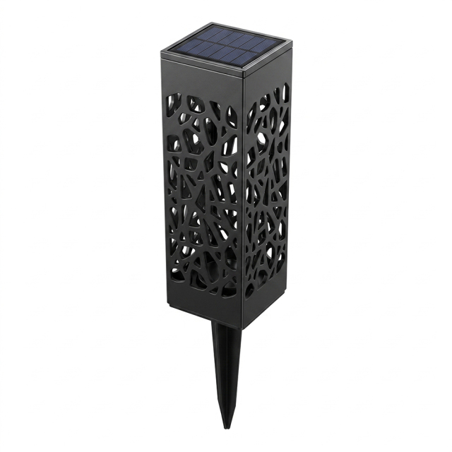 Product view of a black square hollowed-out solar pathway light with solar panel and ground stake.