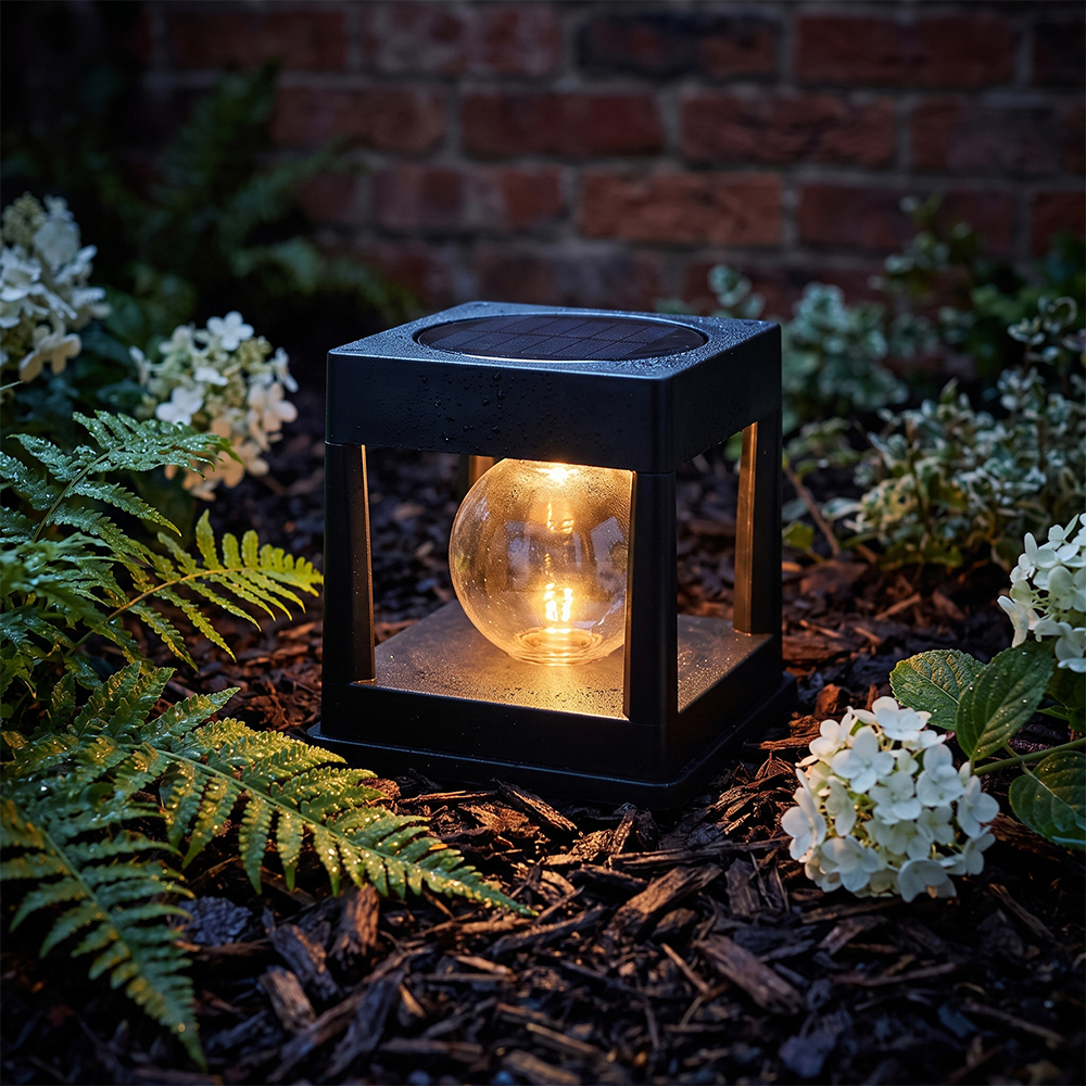 A square solar pathway lantern light nestled among green ferns and white hydrangea flowers in a garden.