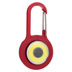 Front view of a red mini COB LED keychain carabiner light with a central push button.