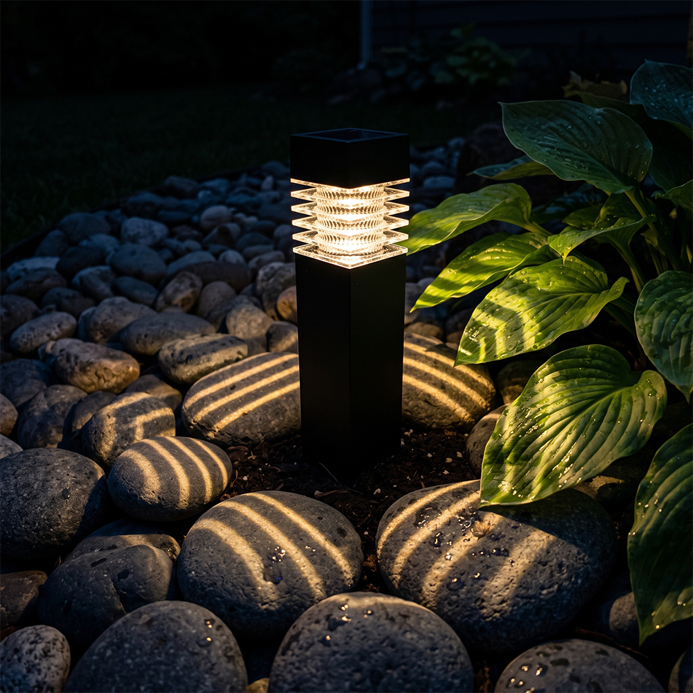 Close-up of a solar bollard light casting circular warm shadow patterns on river cobblestones.