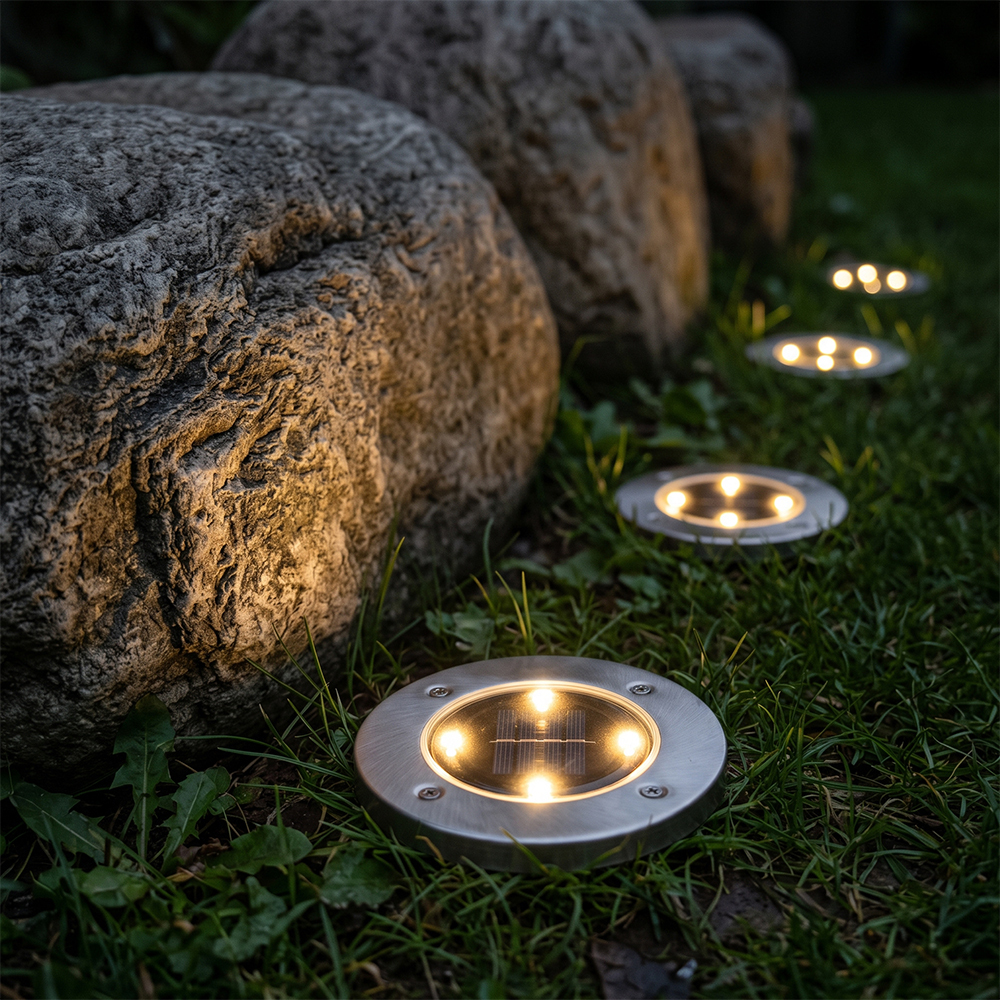 Solar ground disk lights illuminating the lawn next to large natural garden boulders at night.