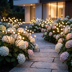 Warm solar firefly lights illuminating a stone garden pathway bordered by blooming hydrangea flowers at night.
