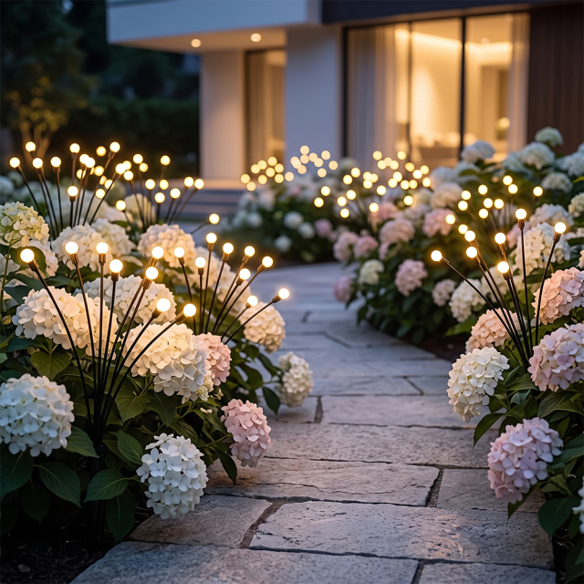 Warm solar firefly lights illuminating a stone garden pathway bordered by blooming hydrangea flowers at night.