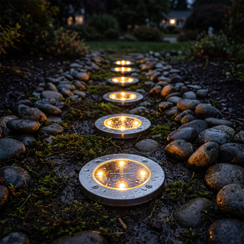 A line of solar ground disk lights glowing warmly along a gravel pathway lined with cobblestones.