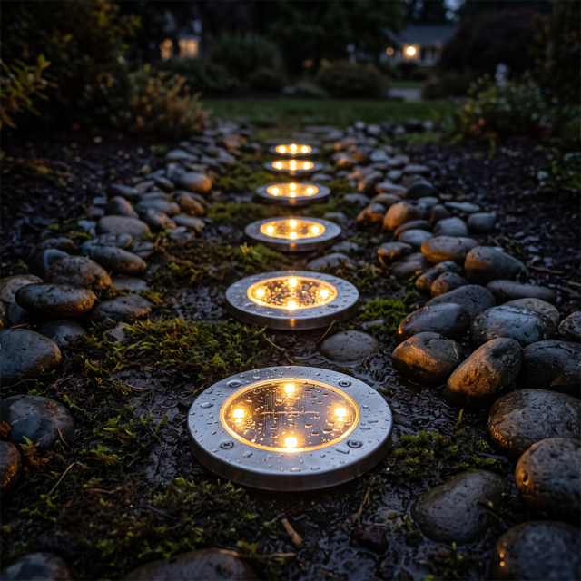 A line of solar ground disk lights glowing warmly along a gravel pathway lined with cobblestones.