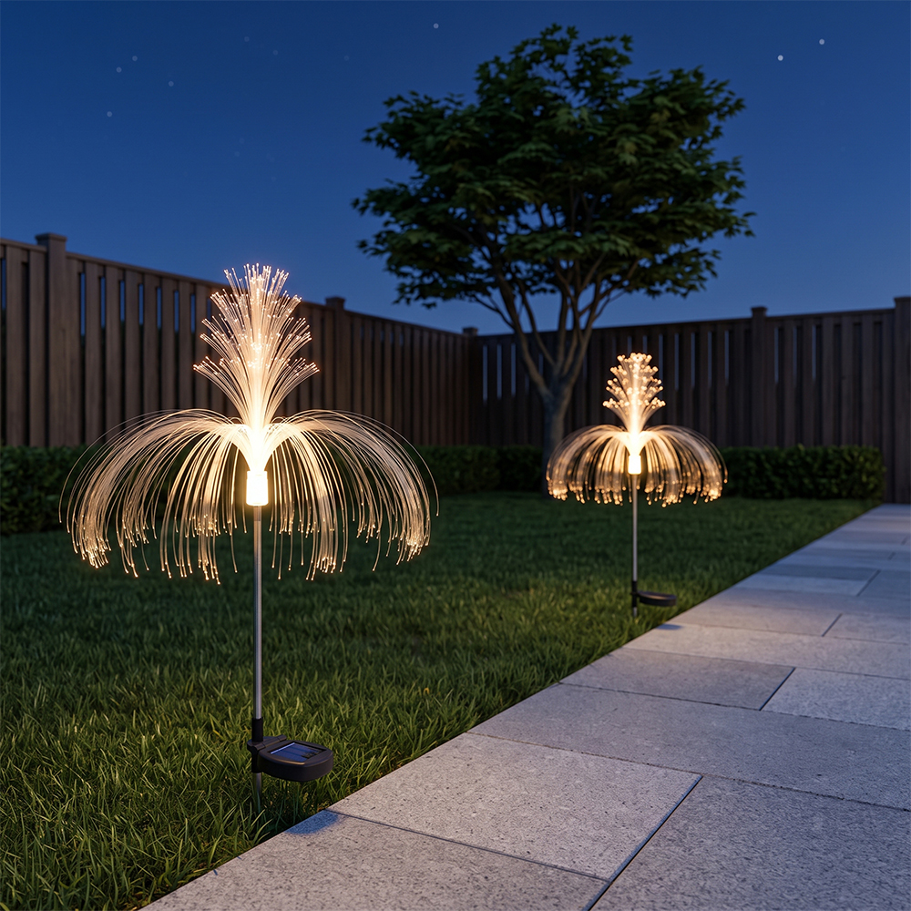 Solar optical fiber stake lights illuminated along a stone garden pathway next to a wooden fence at night.